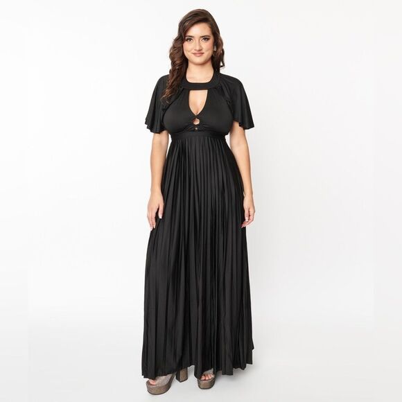 Unique Vintage Dresses & Skirts - Unique Vintage Smak Parlour 1970s Black Pleated Cape Maxi Dress, NWT, Size M